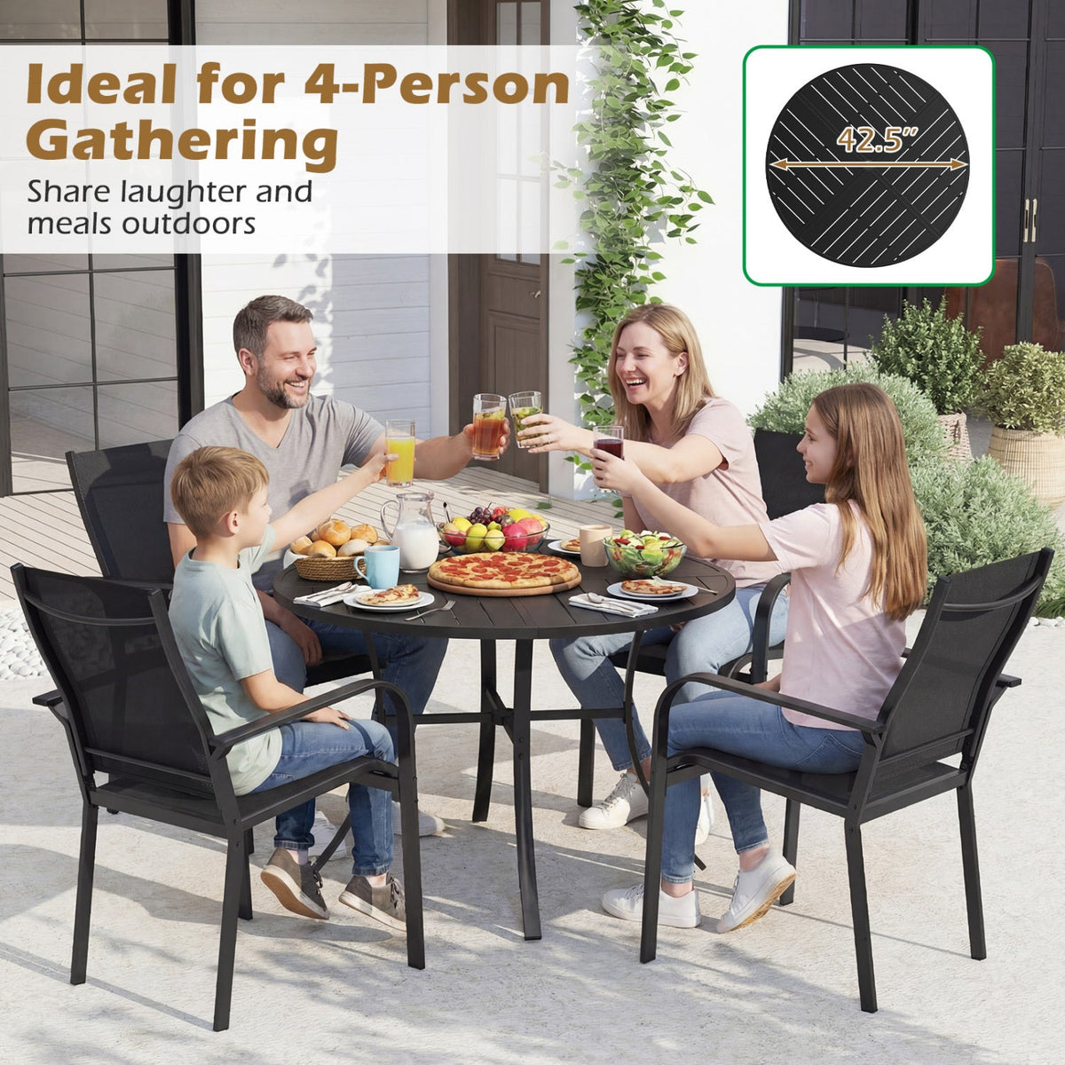 5 Pieces Patio Dining Set for 4 42.5 inch Outdoor Round Metal Table