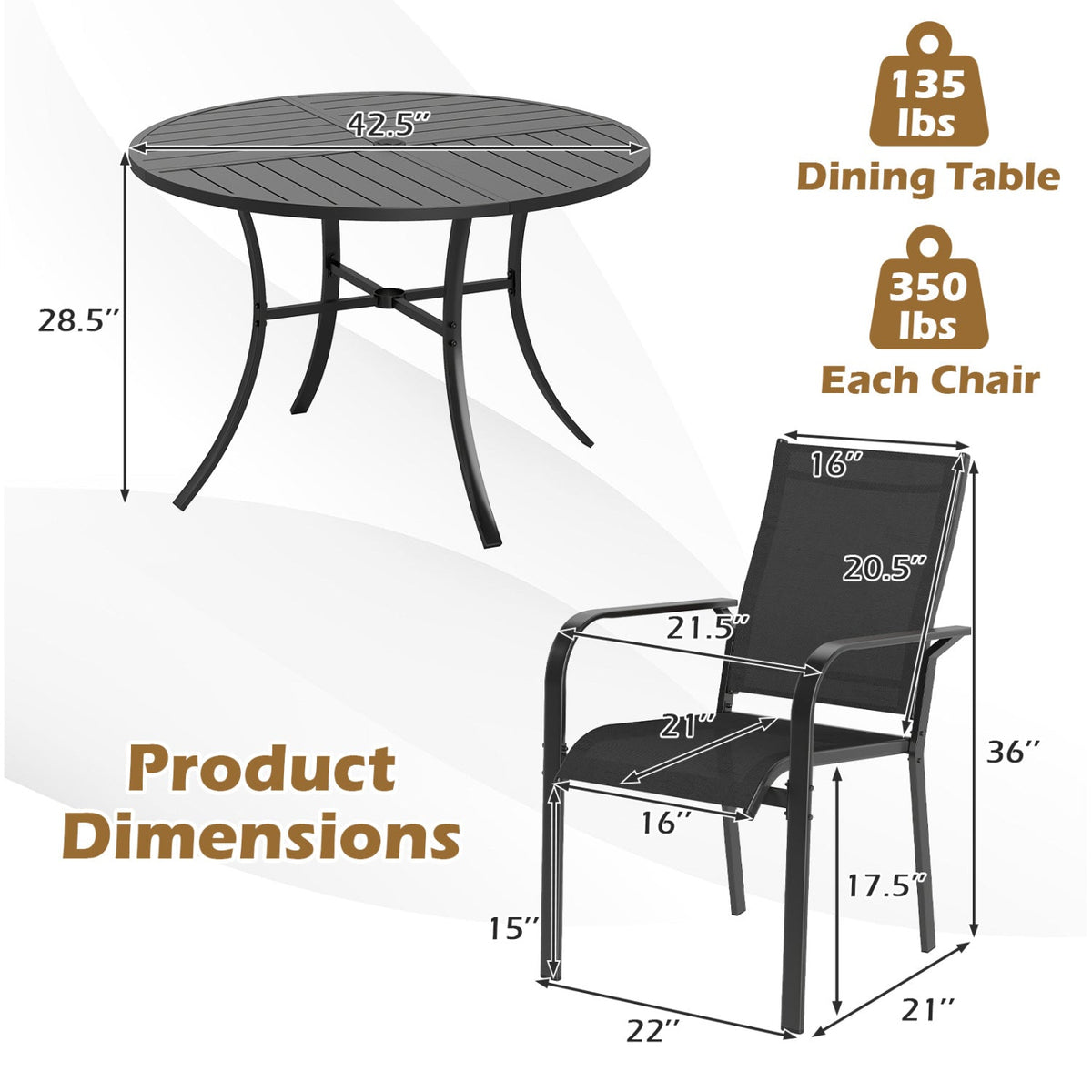 5 Pieces Patio Dining Set for 4 42.5 inch Outdoor Round Metal Table