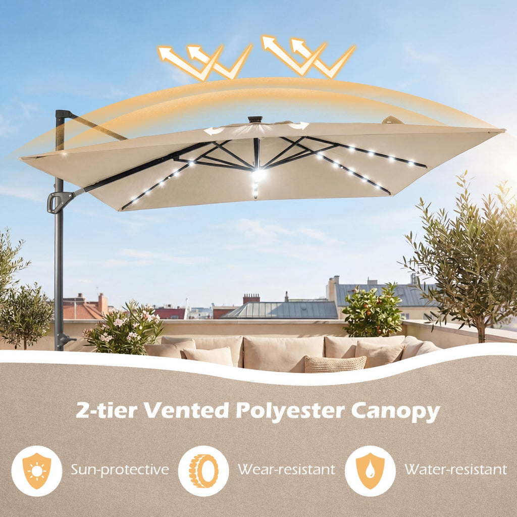 10 FT Cantilever Patio Umbrella with Solar LED Lights & Base