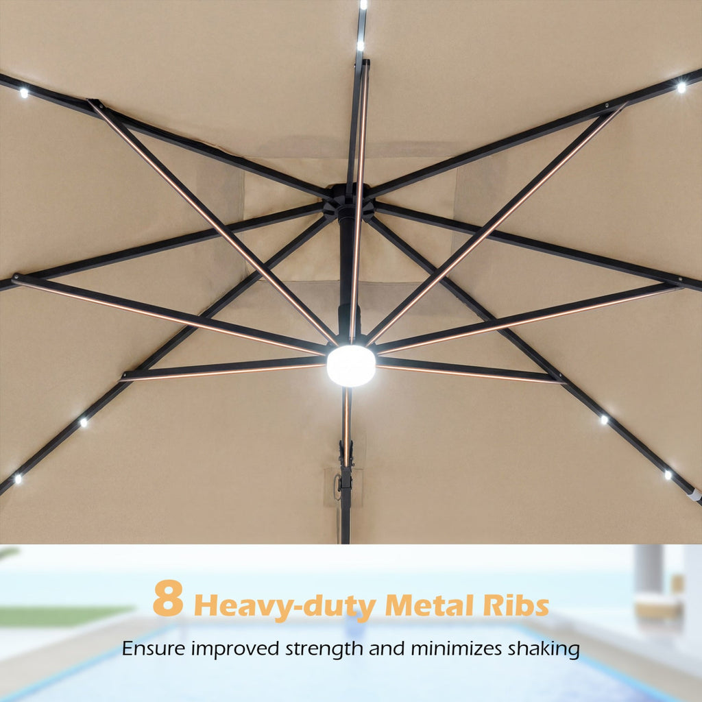 10 FT Cantilever Patio Umbrella with Solar LED Lights & Base