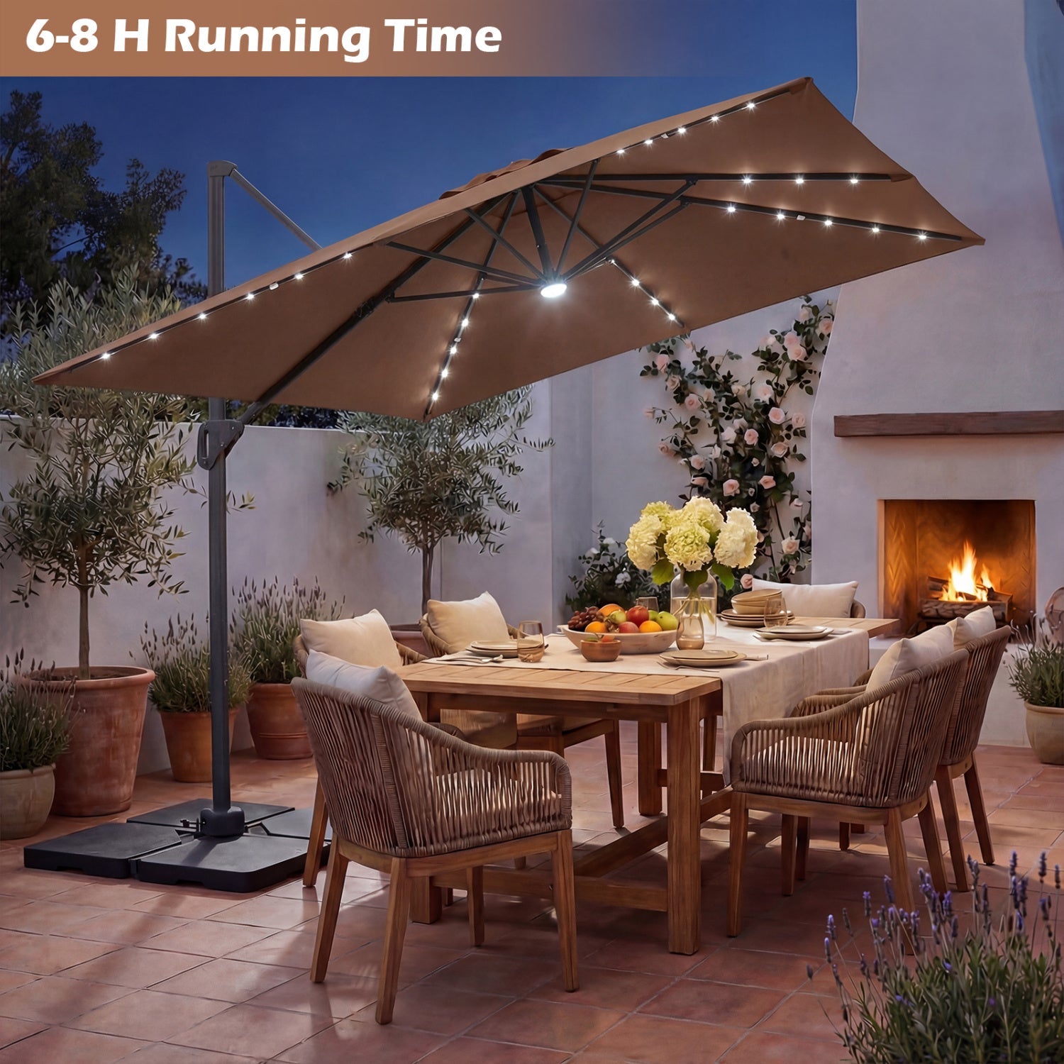 10 FT Cantilever Patio Umbrella with Solar LED Lights & Base