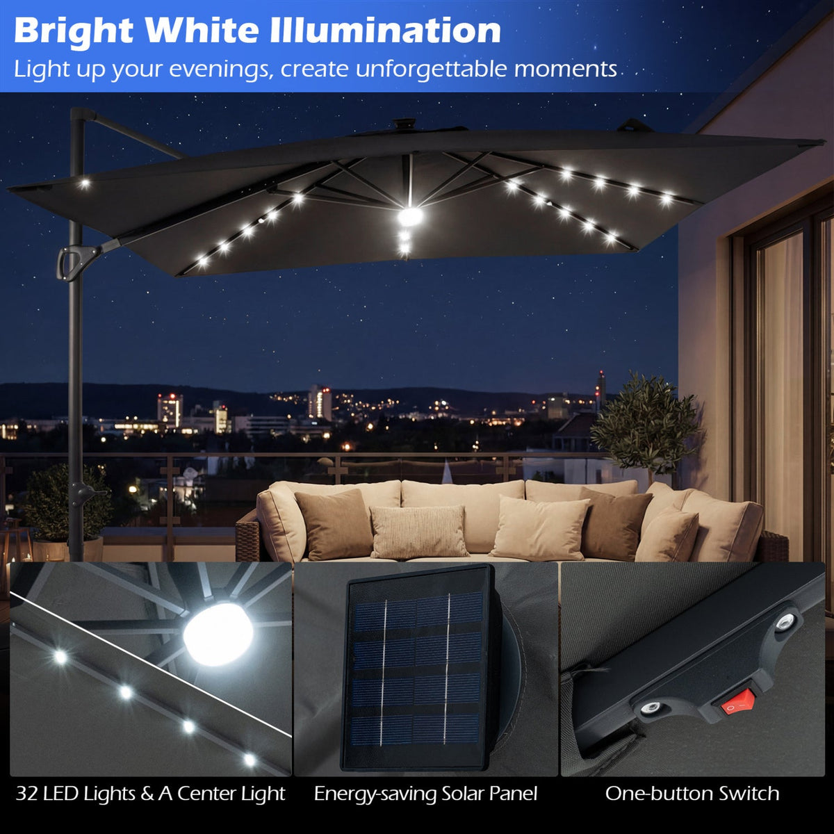 10 FT Cantilever Patio Umbrella with Solar LED Lights & Base
