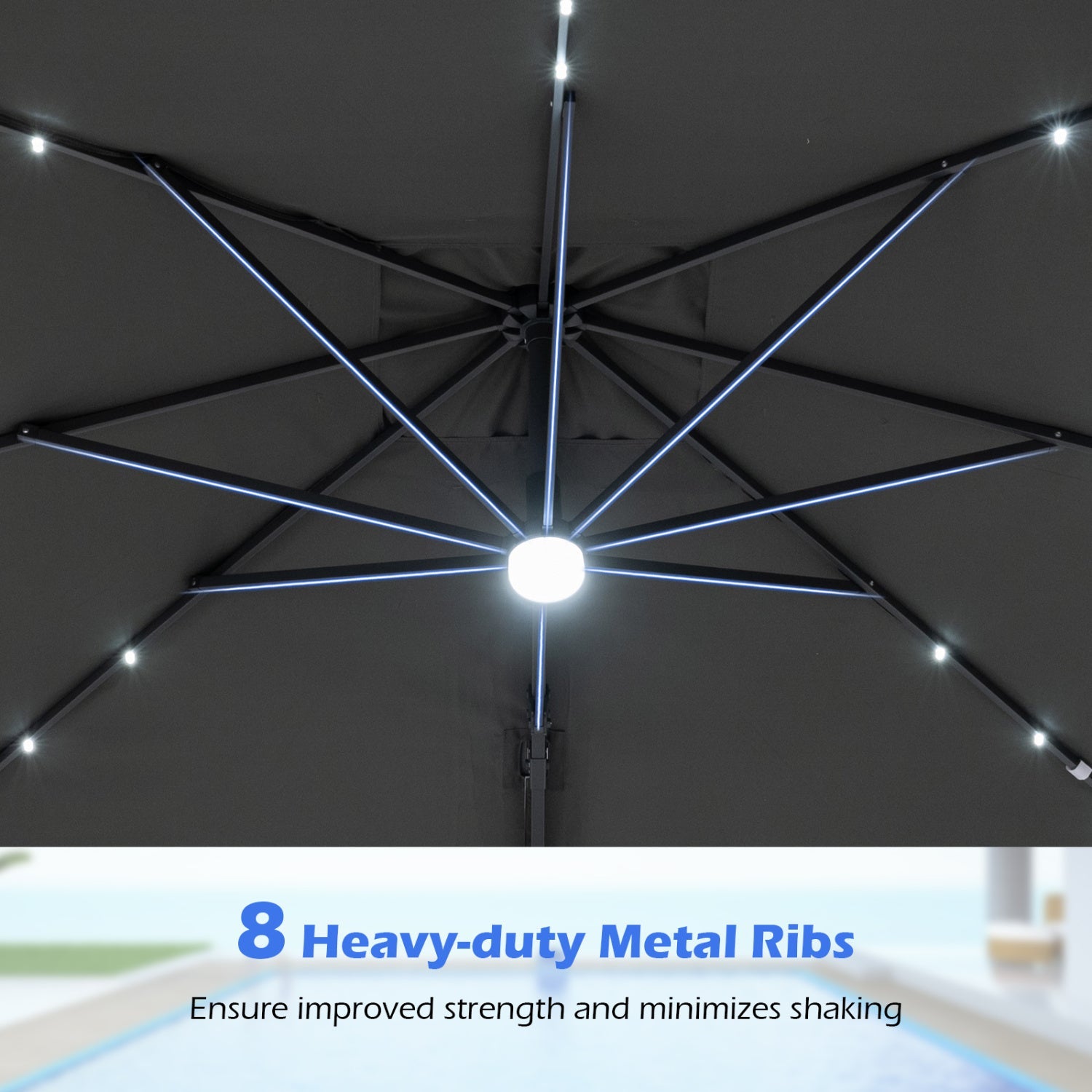10 FT Cantilever Patio Umbrella with Solar LED Lights & Base