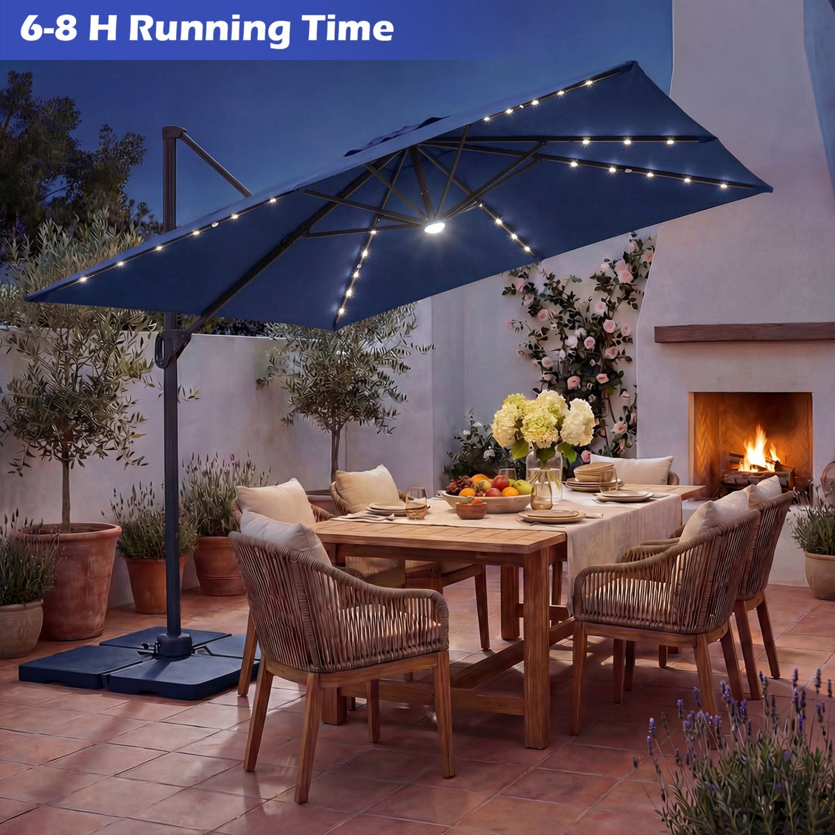 10 FT Cantilever Patio Umbrella with Solar LED Lights & Base