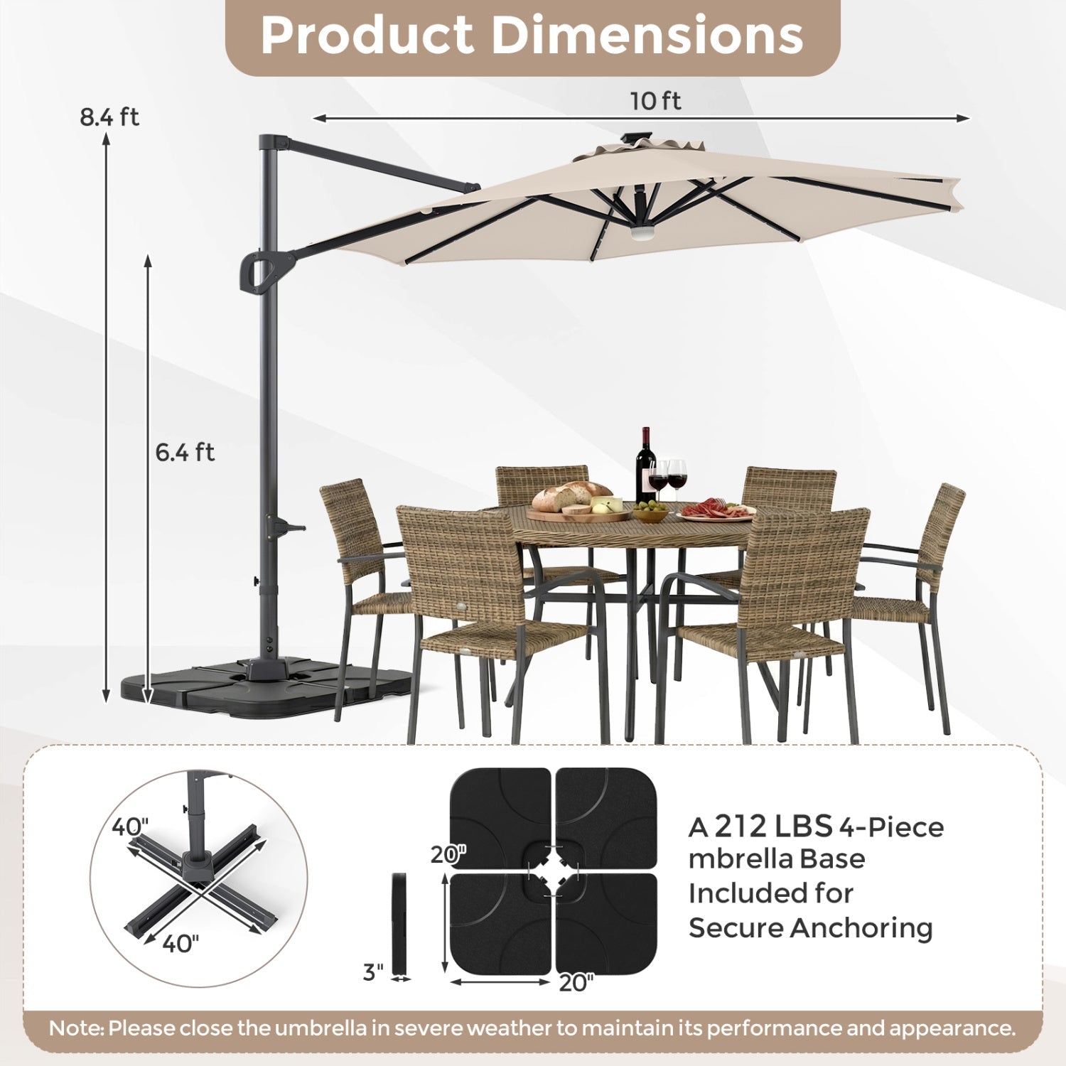 10 FT Cantilever Patio Umbrella with Solar LED Lights & Base