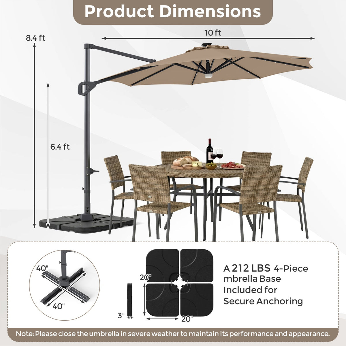 10 FT Cantilever Patio Umbrella with Solar LED Lights & Base