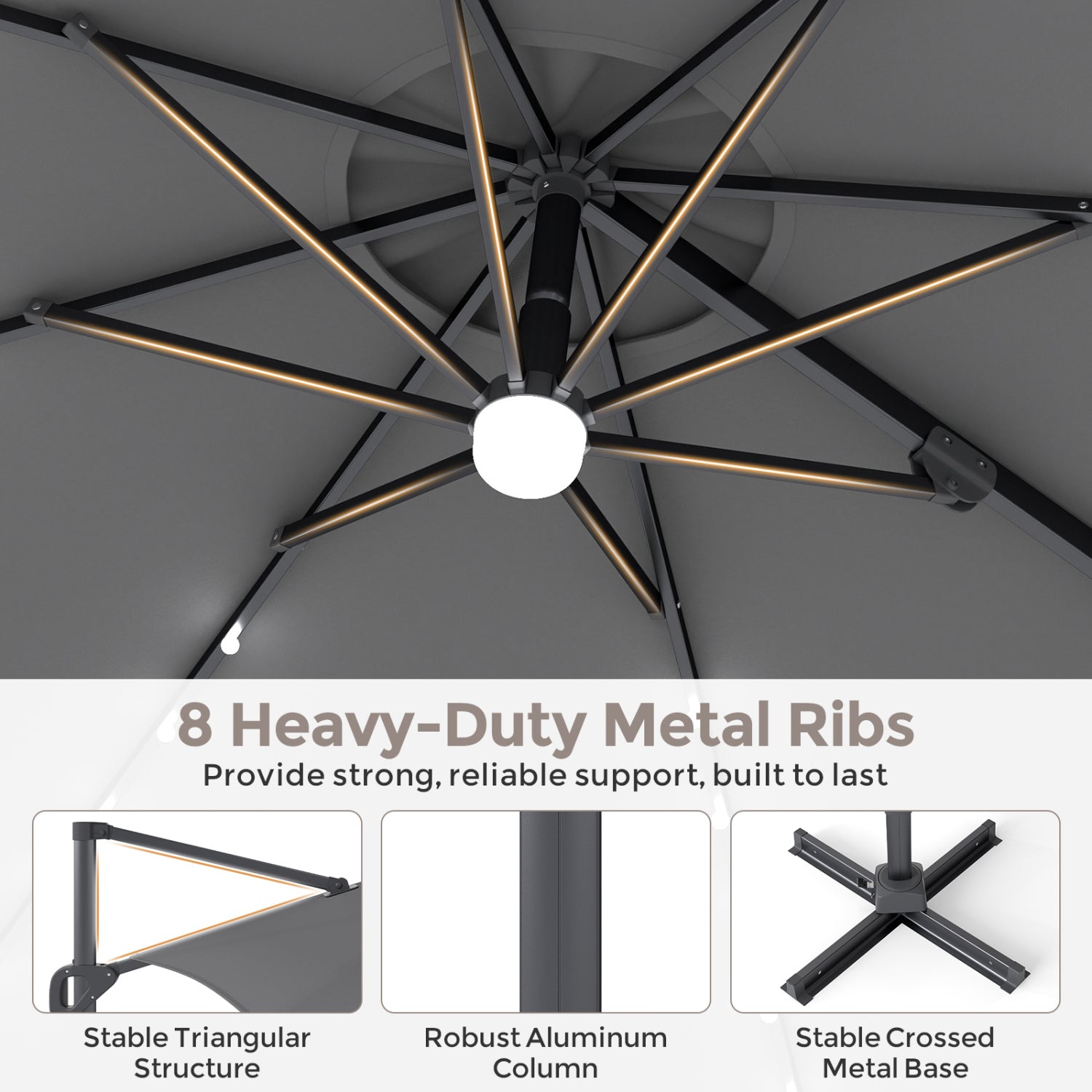 10 FT Cantilever Patio Umbrella with Solar LED Lights & Base