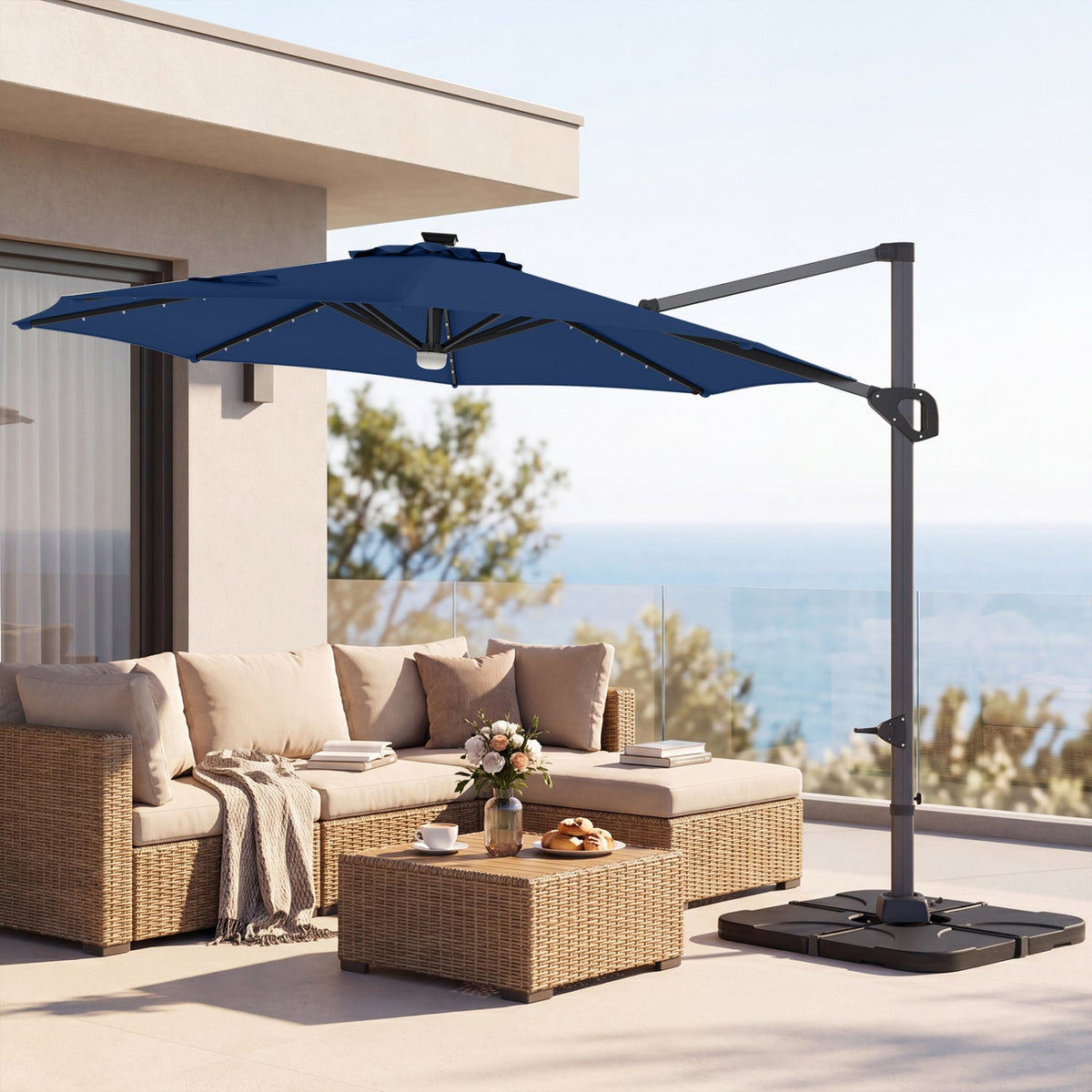 10 FT Cantilever Patio Umbrella with Solar LED Lights & Base