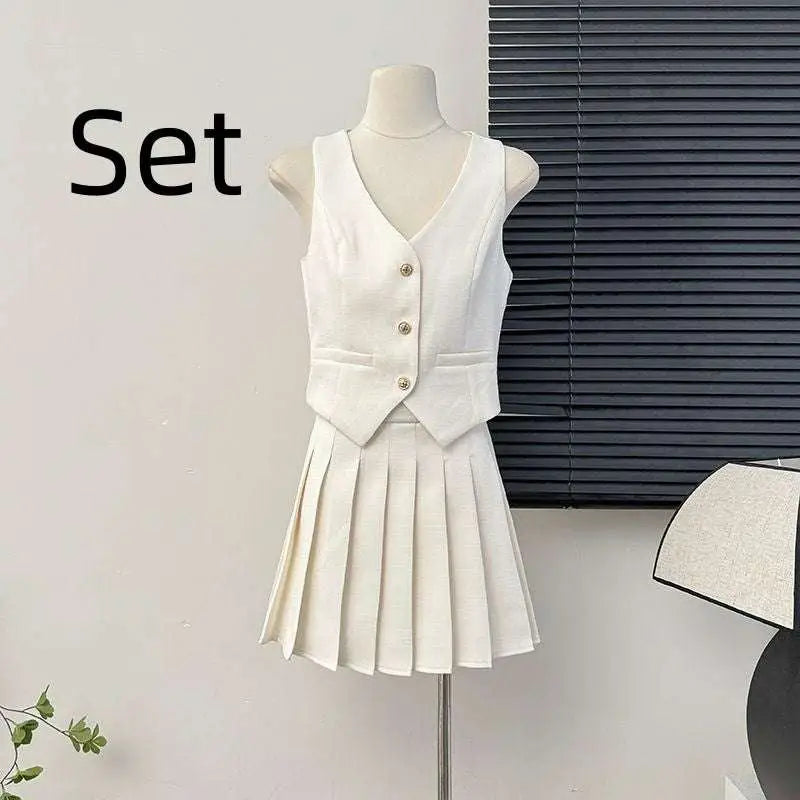 V-Neck Vest and High Waist Pleated Skirt Two-Piece Set