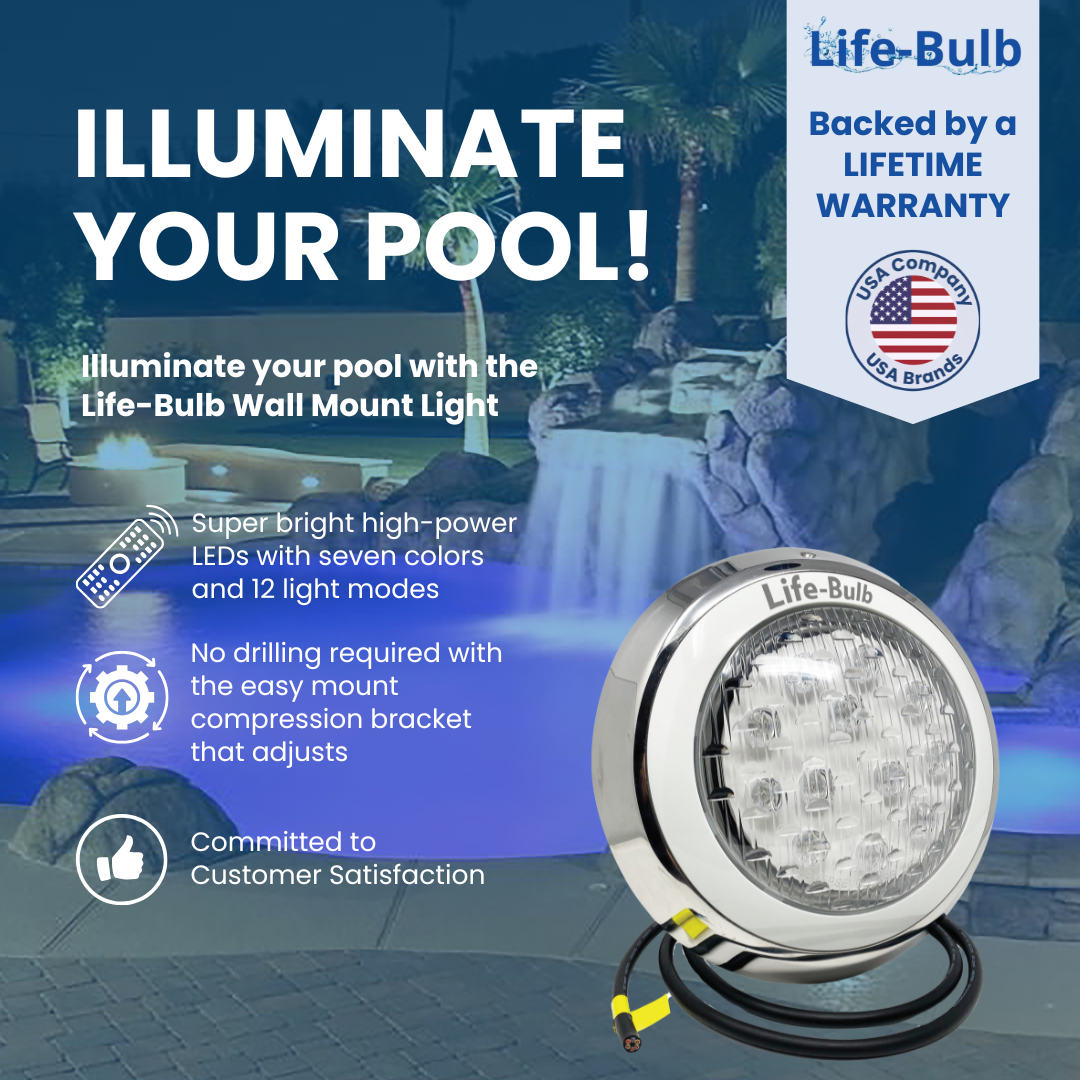 Life-Bulb Wall-Mount Color LED Inground Pool Light (75ft Cord) | 12V Low Voltage (60W Max) | Lifetime Replacement Program