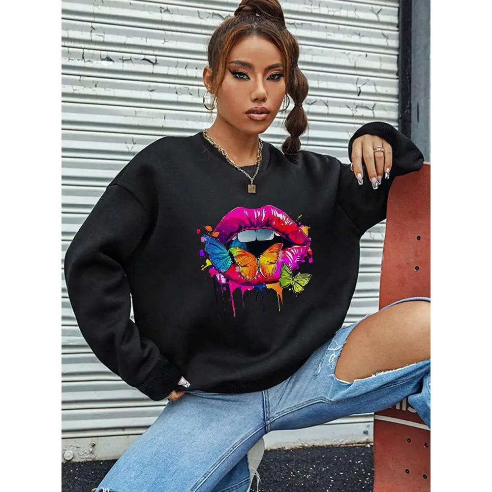 White Butterfly Lips Graphic Crew Neck Sweatshirt