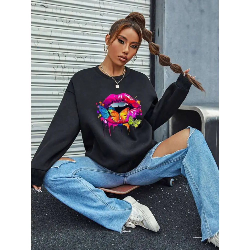 White Butterfly Lips Graphic Crew Neck Sweatshirt
