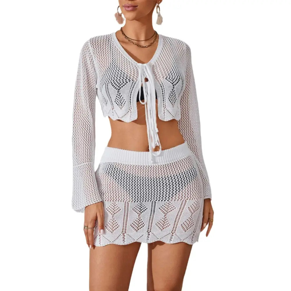 White Crochet Knitted Beach Bikini with Bell Sleeves