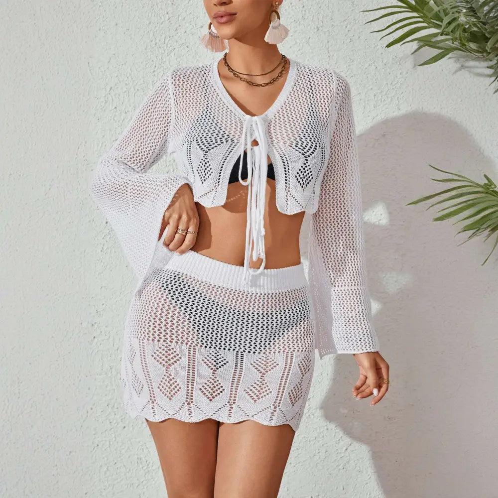White Crochet Knitted Beach Bikini with Bell Sleeves