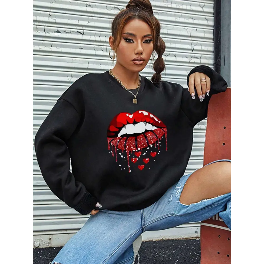White Glitter Lips Pocketed Long Sleeve Sweatshirt