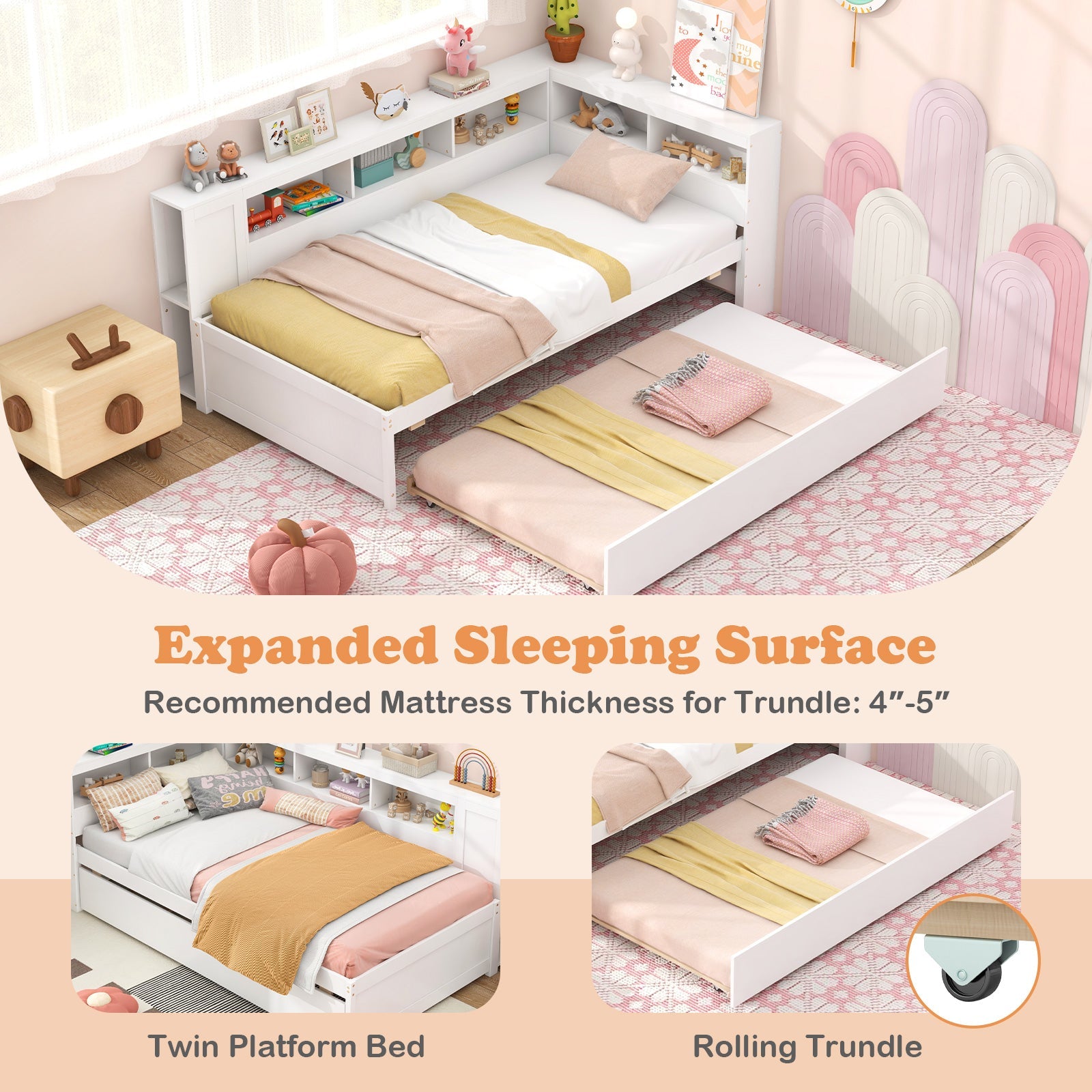 Twin Size Daybed Platform Bed Frame with Trundle and Bedside Shelves-White