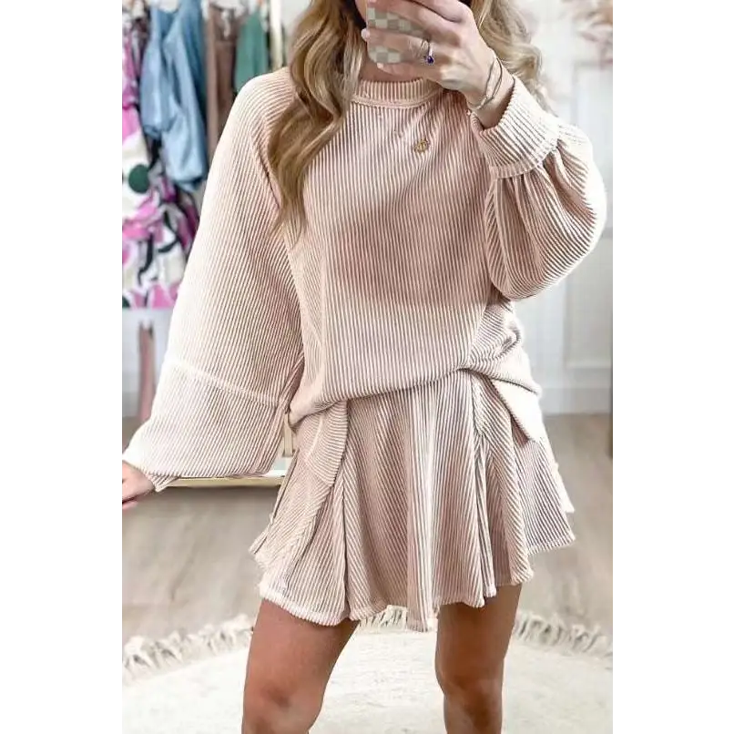 Women’s Solid Colour Ribbed Knit Casual Suit