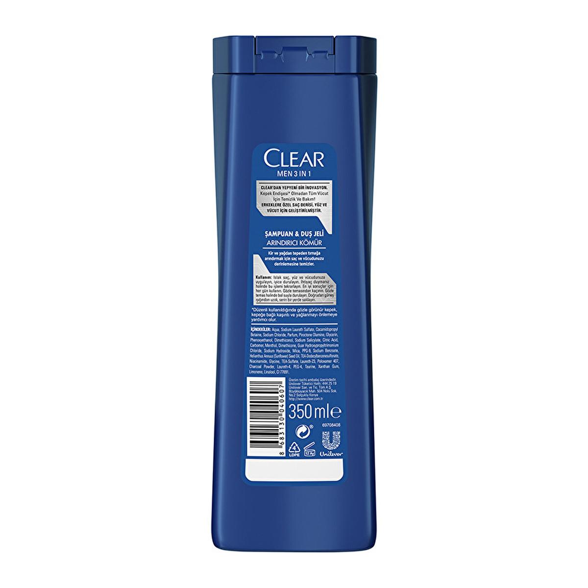 Clear Men 3-in-1 Charcoal Shampoo & Shower Gel: Deep Clean, Fight Dandruff, & Simplify Your Routine - 11.83 fl oz